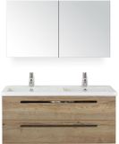 BES LED Seville Badmeubelset 120 cm - 2 Laden Natuur Eiken - Wastafel Djazz Dubbel met Spiegelkast