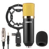 VONYX CM400 condensatormicrofoon, zwart en goud, studiomicrofoon, groot membraan, voor zang en instrumenten, lage vervorming, hoge SPL, 3,5 mm jackstekker, ideaal voor studio en streamer