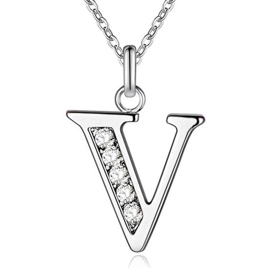 LGT JWLS Lookinggoodtoday Zilverkleurige Letter V Dames Ketting met Zirkonia