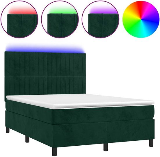 vidaXL Boxspring met matras en LED fluweel donkergroen 140x190 cm