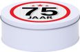 Merkloos Snoeptrommel - koektrommel Cadeau - wit - rond blik - met 75 jaar sticker - Cadeauverpakking - verjaardag