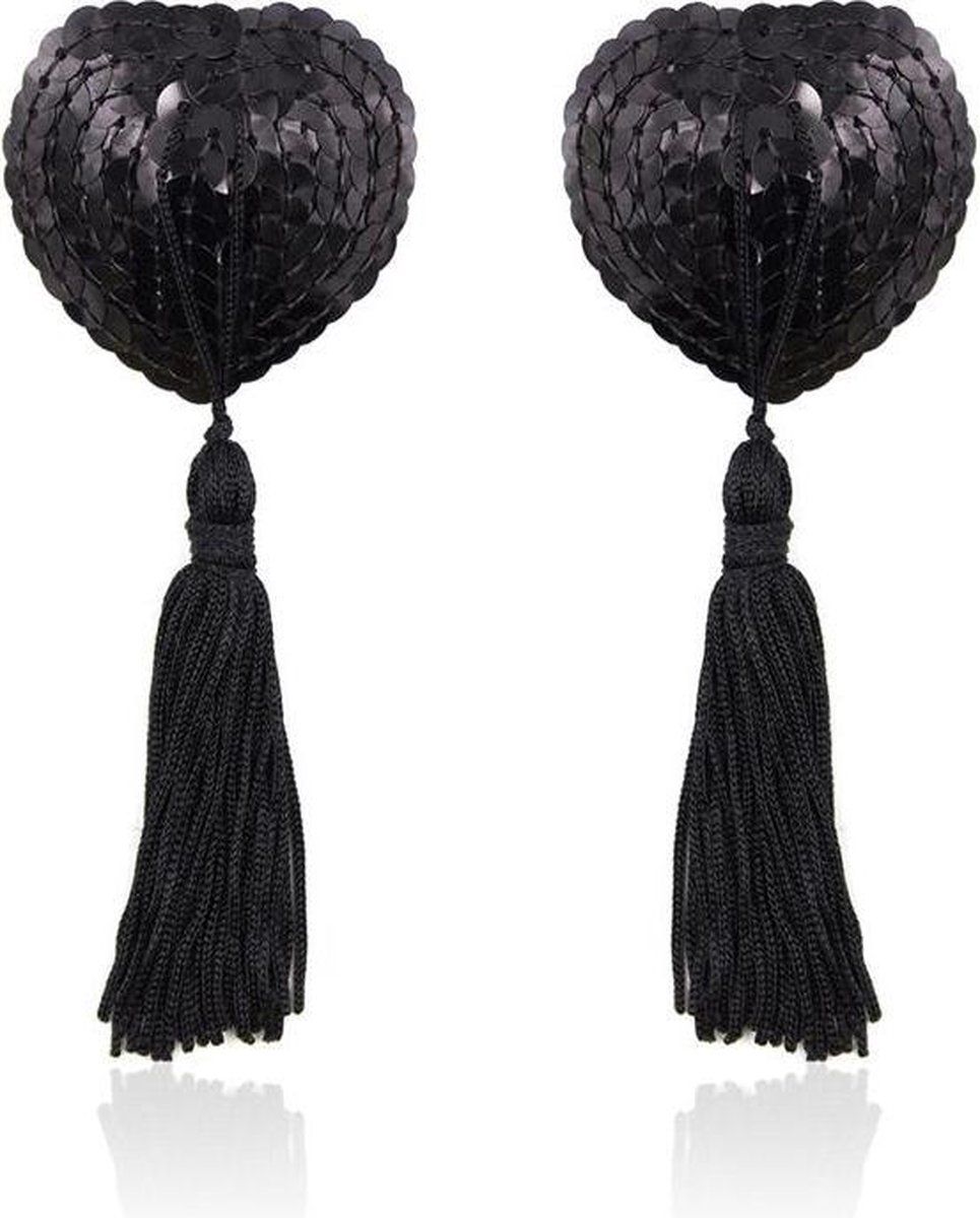 Fetish Addict Self-Adhesive Heart Sequin Nipple Cover with Tassel Black - 8436583793015