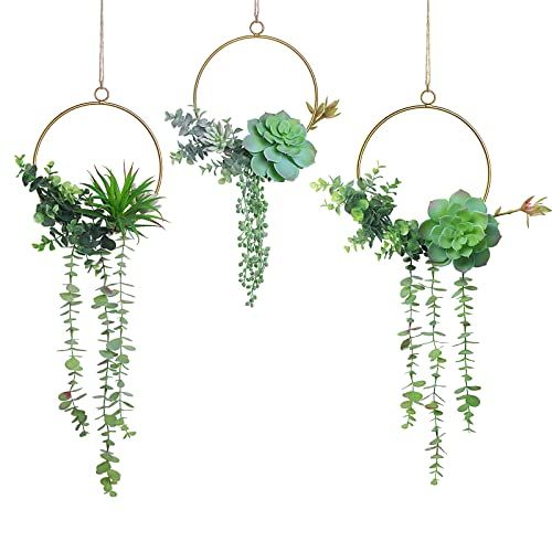 C&Z Kunstmatige vetplanten krans set van 3 hangende gouden geometrische slinger groen krans muur decor voor bruiloft feest kinderkamer achtergrond