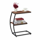 Relaxdays bijzettafel industrieel, 2 etages, u vorm, salontafel metaal & houtkleur, HBD: 57,5x47,5x25 cm, bruin