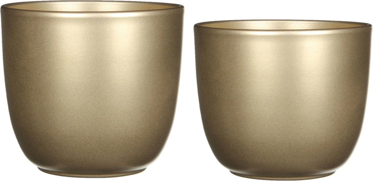 Mica Decorations Mica - Plantenpot/bloempot - 2x stuks - keramiek - goud - D12/14.5 cm