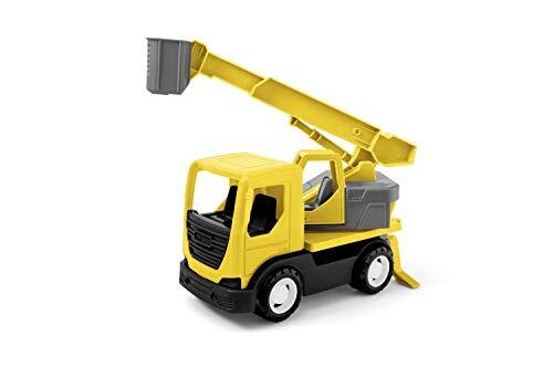 Wader Quality Toys 35368 - Tech Truck vrachtwagen met kraan, personenmand, draaibaar opzetstuk en stabiele stalen assen, ca. 31 x 14,5 x 19 cm groot, geel, vanaf 12 maanden, ideaal als cadeau voor creatief spelen