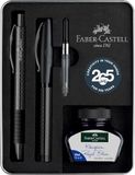 Faber-Castell Essentio Carbon-cadeauset, zwart | Schrijfset met vulpen M, balpen, converter en inktpot 30 ml, jubileumeditie in metalen doos