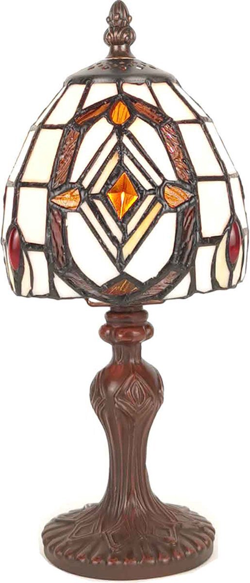 HAES deco - Tiffany Tafellamp Ø 13x 29 cm Wit Bruin Kunststof Glas Tiffany Bureaulamp Tiffany Lampen Glas in Lood