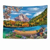 Ulticool - Wandkleed - Landschap Bomen Meer Bergen Boot Bloemen - 200x150 cm - Groen Blauw Wit