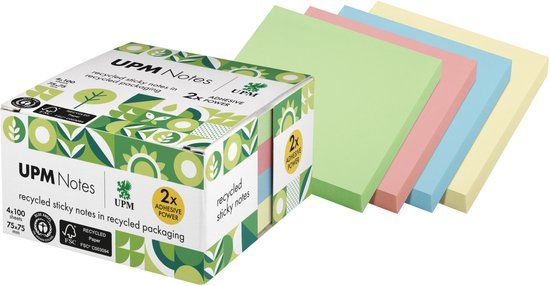 Info Notes UPM Sticky Notes - 75x75mm - Pastel Colors - 4 Memo Blocks - Recycled - Self-Adhesive