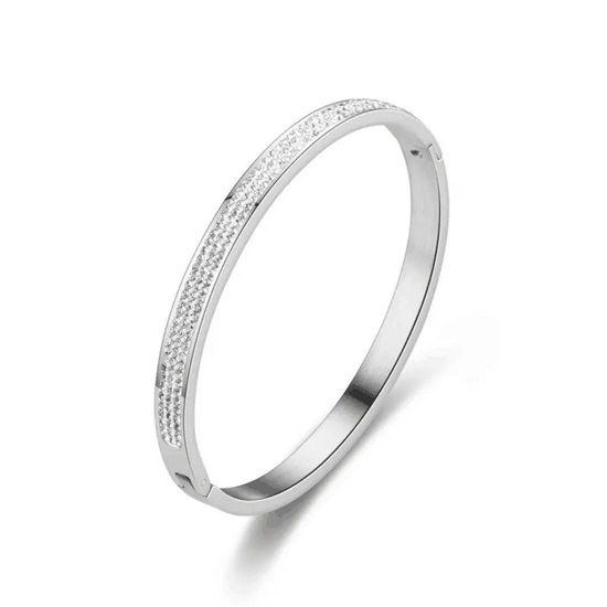 Lucardi Bangle Armband Dames Staal Wit Kristal 58 cm Zilverkleurig