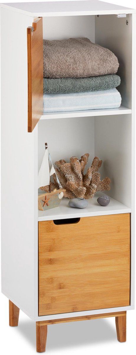 Relaxdays Wandkast - Wit met Deur - MDF en Bamboe - Scandinavisch Design