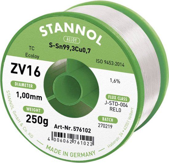 Stannol ZV16 Soldeertin, loodvrij Loodvrij Sn99,3Cu0,7 REL0 250 g 1 mm
