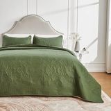Wan GmbH Couvre-lit, couvre-lit 240 x 260 cm, vert olive, microfibre, léger, piquage ultrasonique avec 2 taies d'oreiller, motif floral