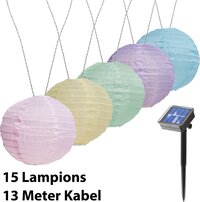 AMARE LED Lichtslinger op Zonne-energie met 15 XXL lampionnen - Pastel kleuren - lengte lichtslinger 7M - totale lengte 10M
