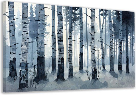 Merkloos / Sans marque Canvas schilderij Bomen - Natuur portret - 60x40 cm - Grijs/wit/zwart/blauw/lichtblauw