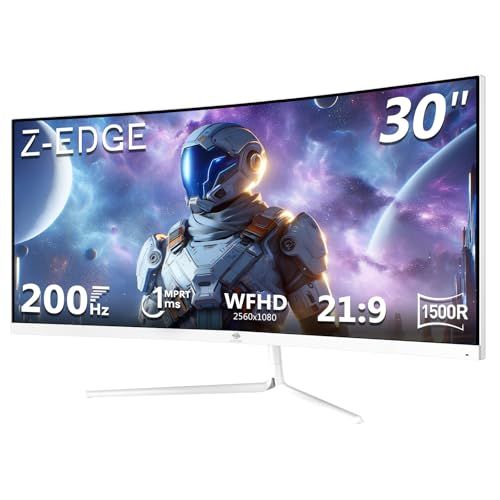 Z-Edge PC-monitor voor gamer, gebogen, wit, 30 inch, 200 Hz, 1 ms, 2560 x 1080, FreeSync, Ultra Wide 21:9 Gaming Monitor, Helling verstelbaar, 1500R, 2×HDMI2.0 & 2×DP1.4, RGB, VESA 75 x 75 mm (DP kabel inbegrepen)