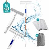 TibaGoods 4-in-1 Ramenwasser met Telescoopsteel - Ruitenreiniger - Raamwisser - Raamtrekker - 146 cm - Incl. 3 microvezeldoeken - Met sprayfunctie