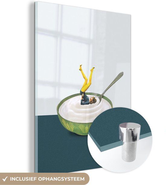 MuchoWow® Glasschilderij 120x160 cm - Acrylglas Schilderij - Yoghurt - Yoga - Retro - Foto op glas