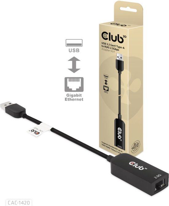 Club 3D USB-A 5Gbps naar RJ45 Ethernet 2.5G Adapter M/V