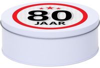 Merkloos Snoeptrommel - koektrommel Cadeau - wit - rond blik - met 80 jaar sticker - Verjaardag