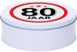 Merkloos Snoeptrommel - koektrommel Cadeau - wit - rond blik - met 80 jaar sticker - Verjaardag