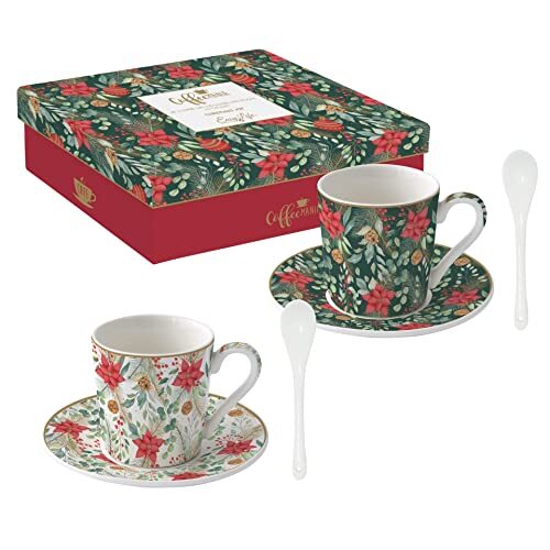 Easy Life Christmas Joy Set van 2 koffiekopjes, 100 ml, met lepel, porselein