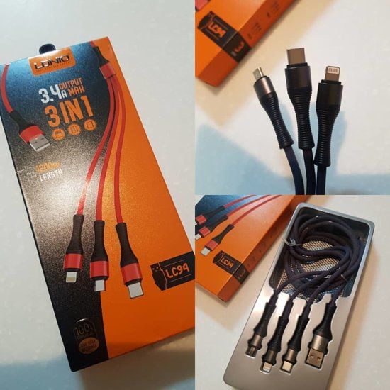 LDNIO - 3 in 1 Oplaad Kabel Micro USB, Lightning en USB-C - 3.4A - Zwart - LC94