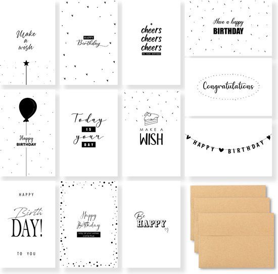 Partizzle 36x Verjaardagskaarten Met Envelop - Zwart en Wit - Minimalistisch - 15x10 cm