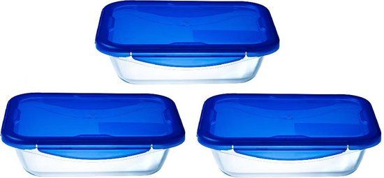 Pyrex Cook & Go Rechthoekige Schaal Met Deksel - Set van 3 Stuks - Blauw