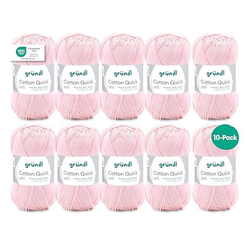 Gründl Wol Cotton Quick uni - dunne wol om te haken - breigaren - haakgaren - glanzend en huidvriendelijk - 100% katoen - 10 bollen 50 g / 125 m - naalddikte 3-4 - lichtroze