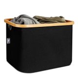 Hennez Laundry Basket Opbergmand 40L Zwart/Hout Rechthoek Polyester Inklapbaar met Handgrepen