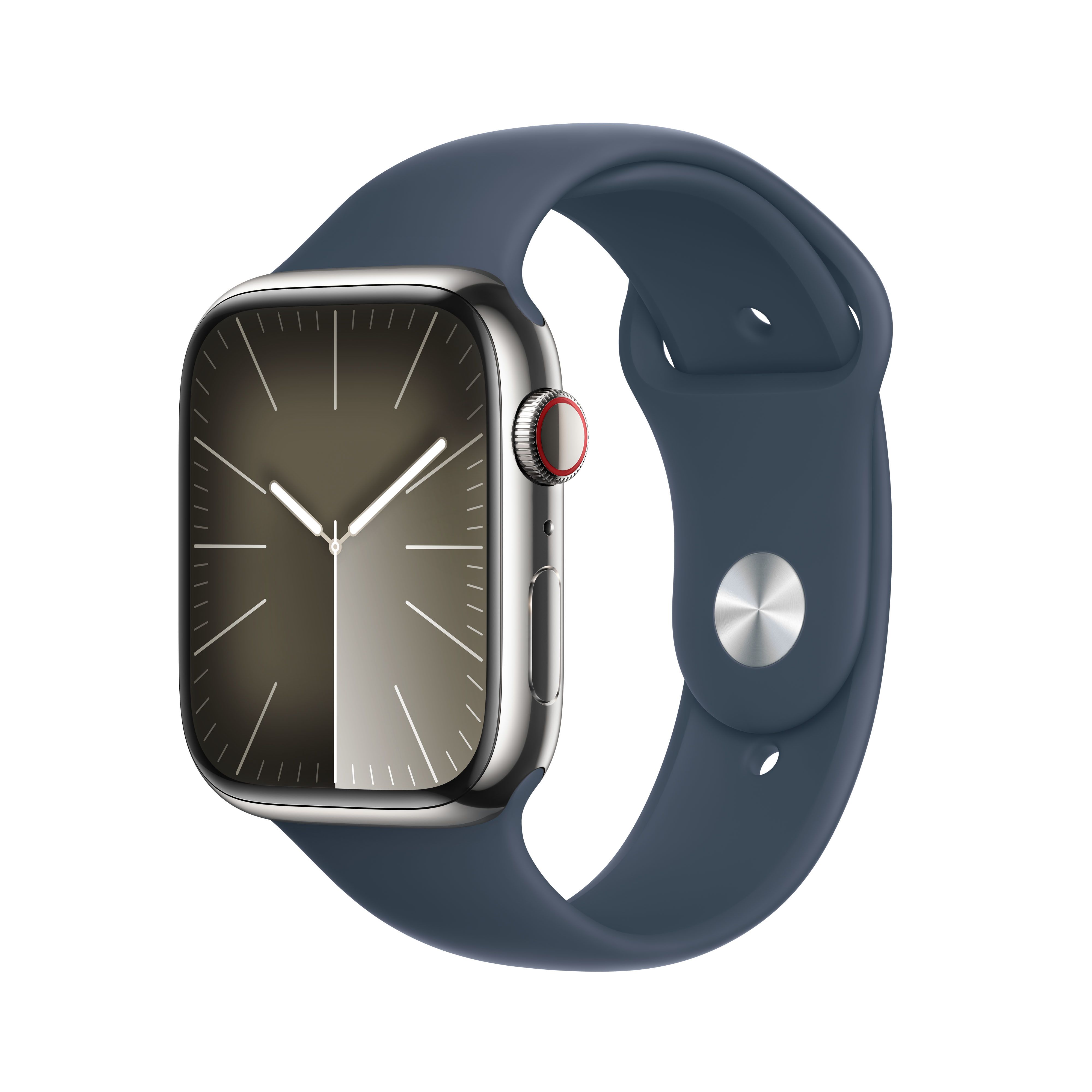 Apple Watch Series 9 45mm Silver Stainless Steel Case with Storm Blue Sport Band - GPS + Cellular