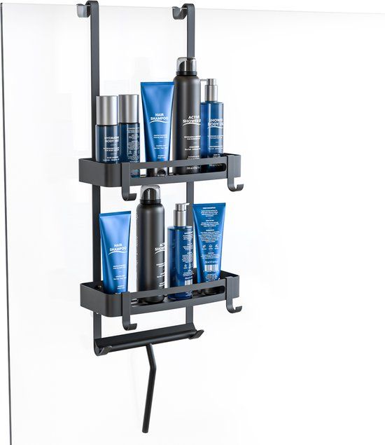 Sanova Hangend Doucherek Met Douchewisser - Zonder Boren - Anti Kras Strips - Zwart - 2 Laags
