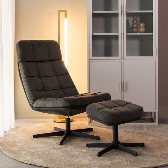 LABEL51 Alvar Fauteuil - Grijs - Velvet - Incl. Hocker