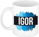 Bellatio Decorations Igor naam cadeau koffie mok - beker - met blauw verfstrepen - Cadeau collega - vaderdag - verjaardag - meester - coach - 300 ml - wit