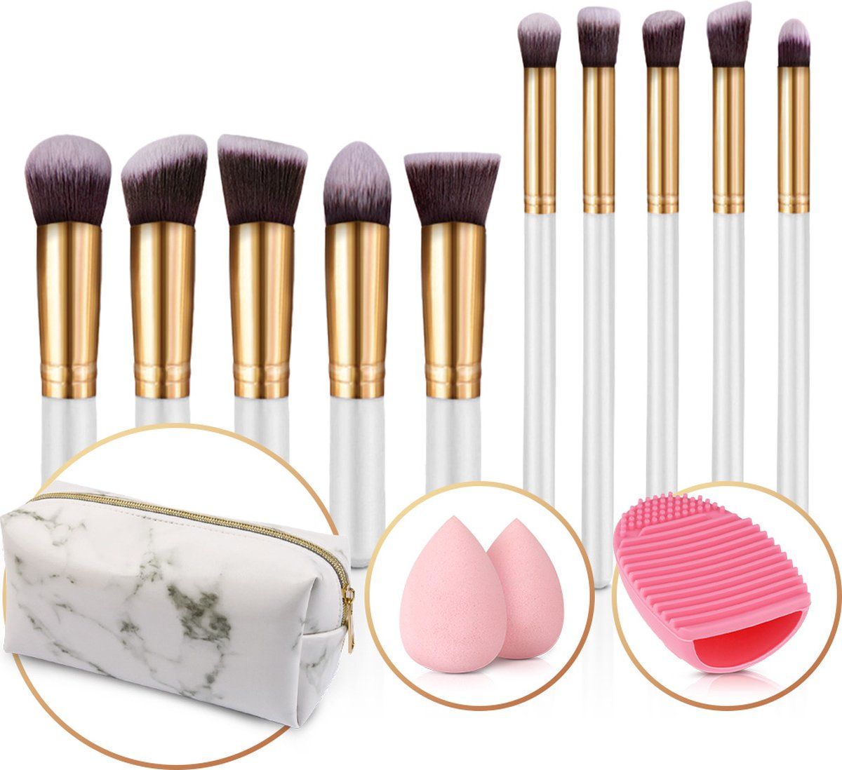 Evvie make-up kwasten set - 10 stuks - wit/goud