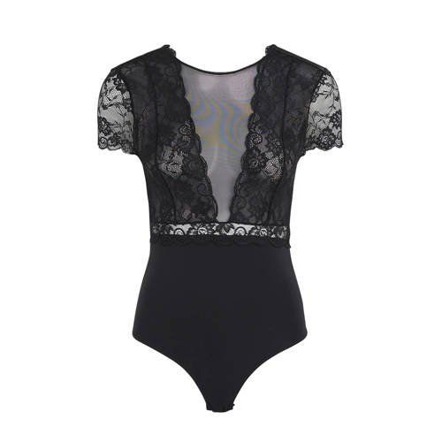 Pieces Sicca Stringbody met Mesh en Kant - Zwart