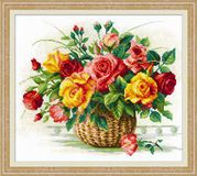RIOLIS mand met rozen kruissteek-set, katoen, meerkleurig, 35 x 30 x 0,1 cm