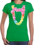 Bellatio Decorations Tropical party T-shirt voor dames - bloemenkrans - groen - carnaval/themafeest L