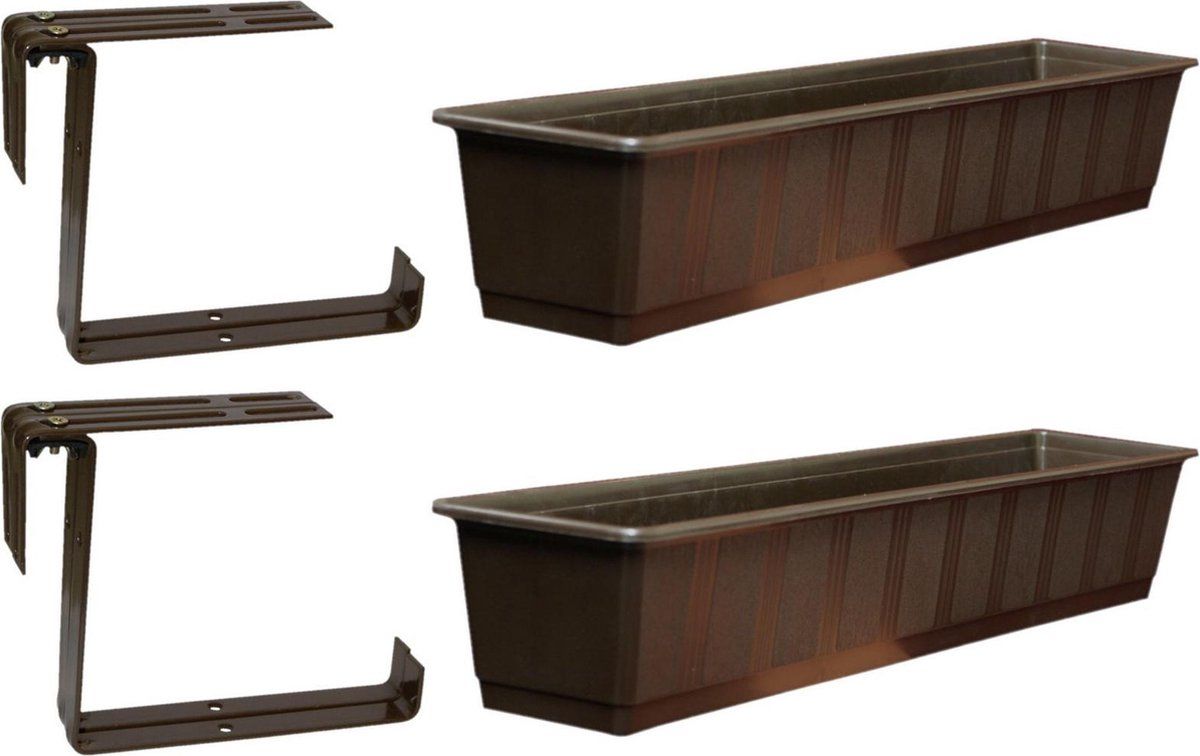 Geli Set van 5 kunststof plantenbakken bruin rechthoekig 80 cm met 10 verstelbare railing beugels