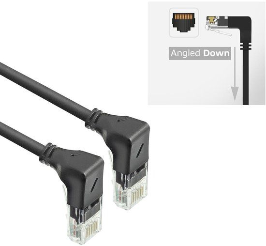 ACT Zwarte 5 meter U/UTP CAT6A LSZH Slimline patchkabel met RJ45 connectoren 90° haaks beneden naar 90° haaks beneden DD5905