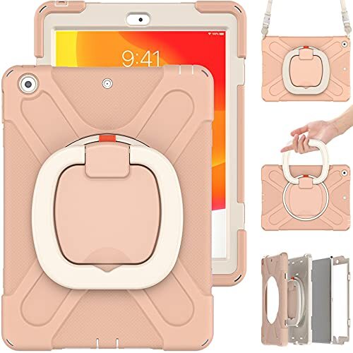 YEOU Commute Case voor Samsung Tab S6 Lite P610 P615, zware stabiele schokbestendige kinderhoes met displaybeschermfolie 3-in-1 schokbestendige bumper met 360° ringhouder standaard draagriem (roze)