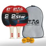 STAG Iconische 2-sterren tafeltennisset | Kleur: meerkleurig hout/oranje | Maat: 2 rackets & 3 oranje ballen | Materiaal: hout | Geslacht: Unisex | Lichtgewicht ontwerp | Ergonomische uitlopende