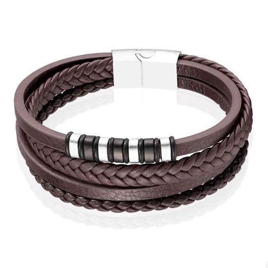 Mendes Jewelry Roestvrijstalen en Echt Lederen Heren Armband in Bruin-21cm