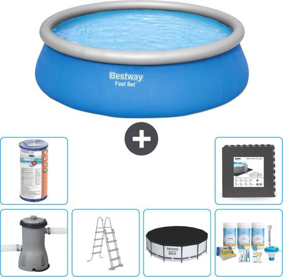 Bestway Rond Opblaasbaar Fast Set Zwembad - 457 x 122 cm - Blauw - Inclusief Pomp, Ladder, Afdekzeil & Onderhoudspakket