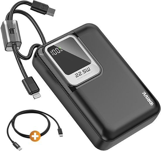 Drivv. Powerbank 20.000 mAh - Met Ingebouwde 8 pin & USB C Kabel - Inclusief 60W Oplaadkabel - 22.5W Snellaadfunctie - USB / USB C - Noodpakket