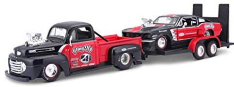 maisto Design Elite Transporter Ford F1 Pickup (1948) + Ford Mustang GT (1967): Modeltransporter met aanhanger, 2 modelauto's, deuren om te openen, schaal 1:24, 43 cm, rood-zwart (532751)