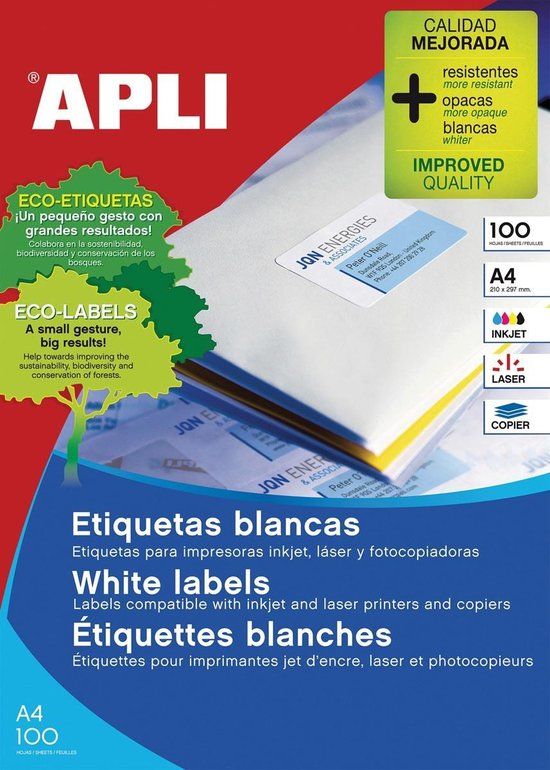 Apli 01295 Witte Etiketten - 100x15 stuks - Formaat 70 x 50,8 mm - Rechte hoeken