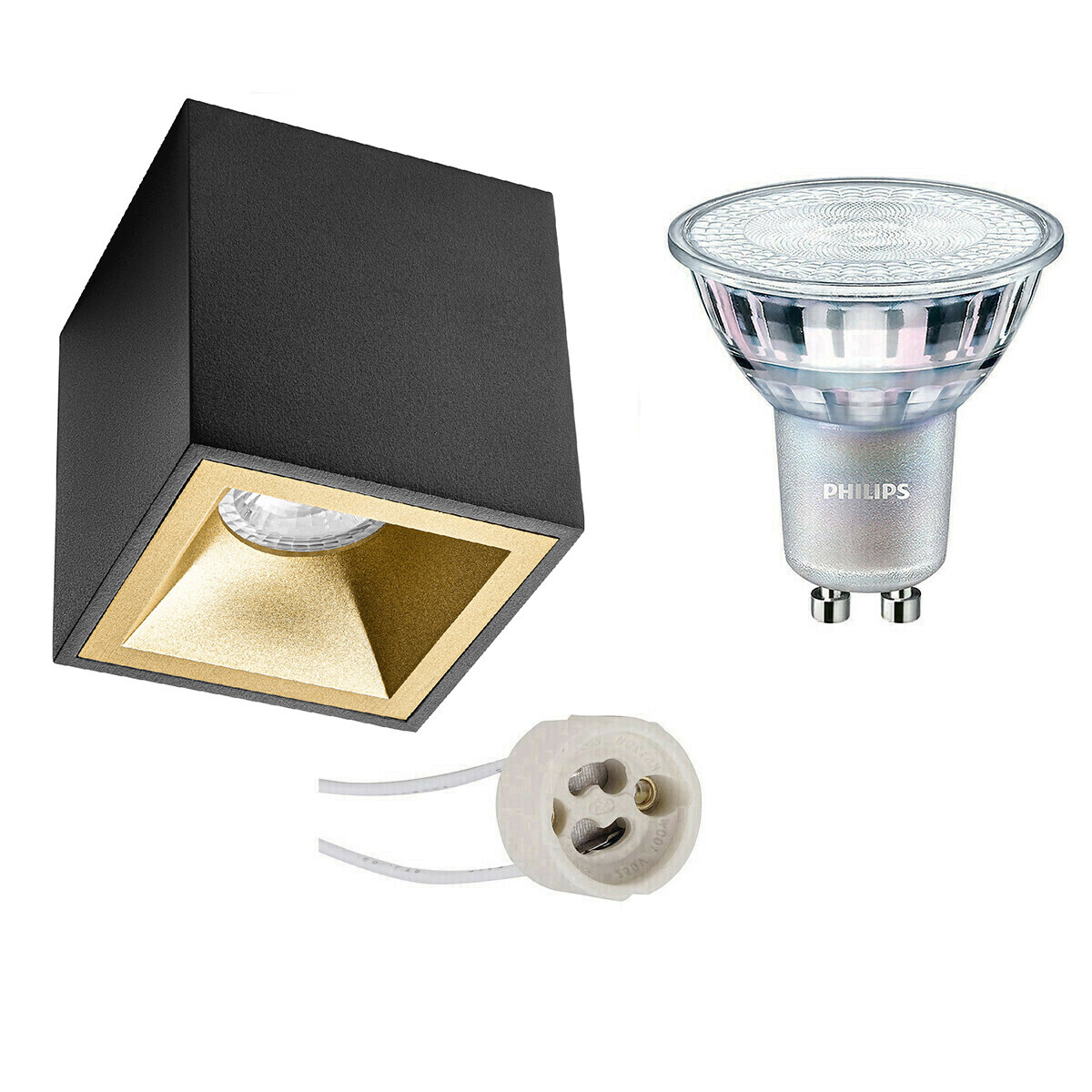 BES LED Opbouwspot Set - Pragmi Cliron Pro - GU10 Fitting - Opbouw Vierkant - Mat Zwart/Goud - Verdiept - 90mm - Philips - MASTER 927 36D VLE - 3.7W - Warm Wit 2200K-2700K - DimTone Dimbaar